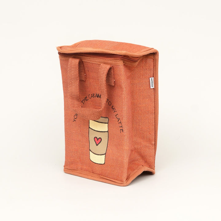 Insulated Jute Lunch Bag, Coffee Cup Print, View 4