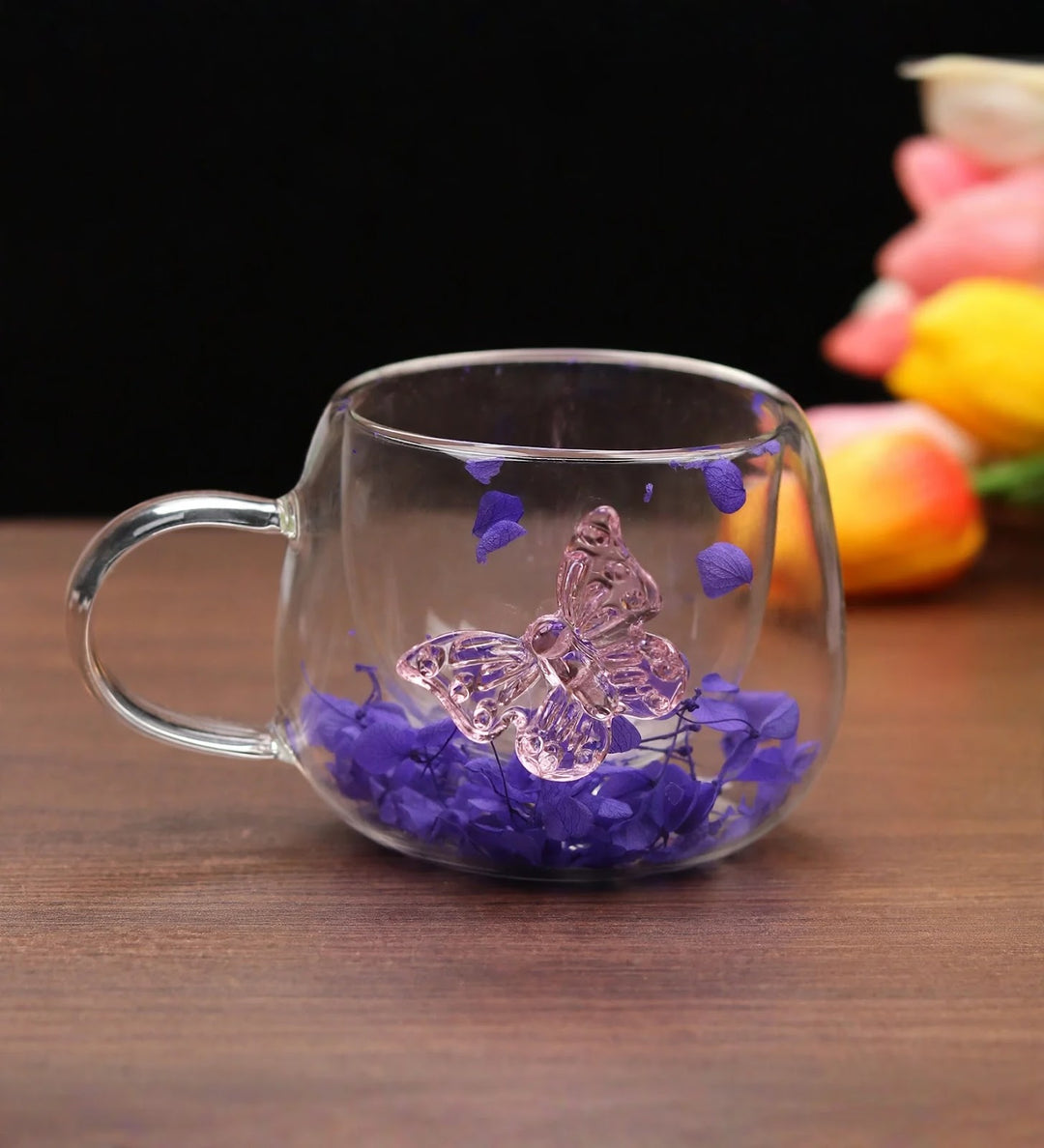 Titli Bloom Floral Glass Mug with Butterfly Purple view 1