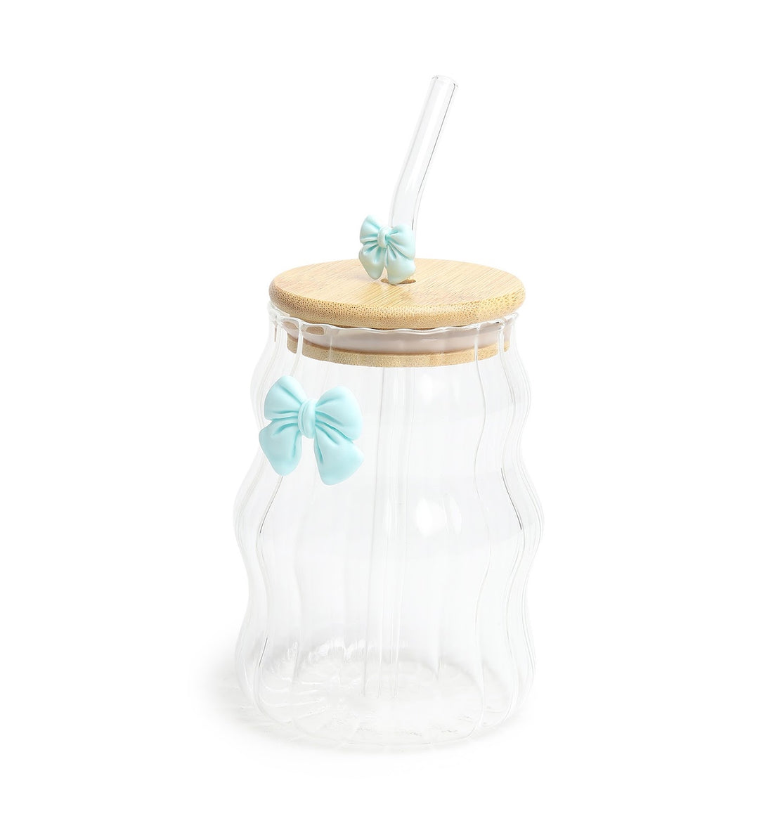 Taffy Wavy Glass Tumbler with Wooden Lid and Straw Blue view 5