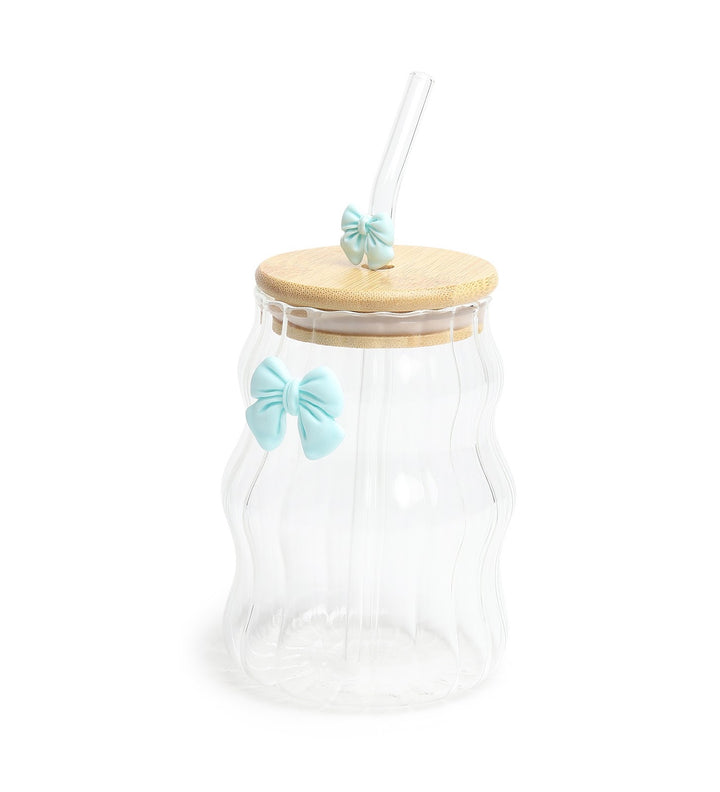 Taffy Wavy Glass Tumbler with Wooden Lid and Straw Blue view 5