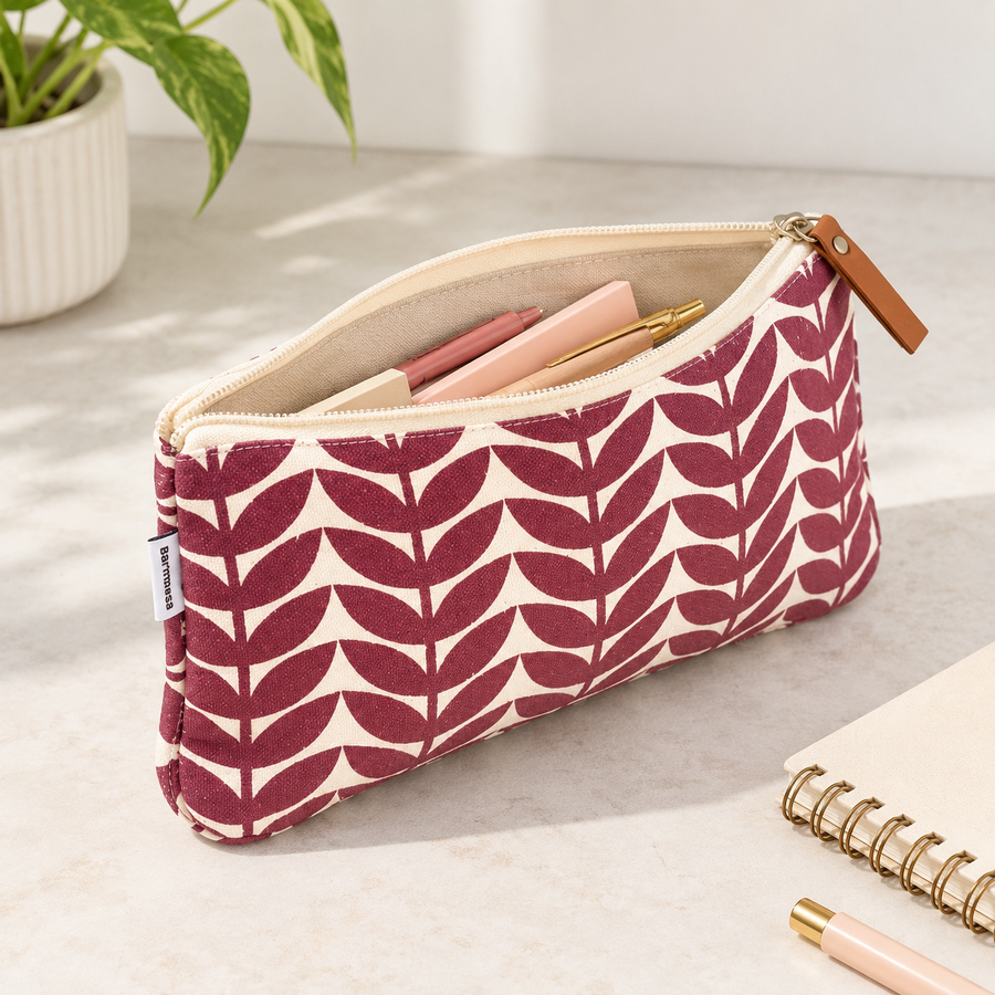 Burgundy Leaf Print Canvas Zipper Pouch