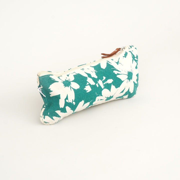 Teal Floral Print Canvas Zipper Pouch, View 2