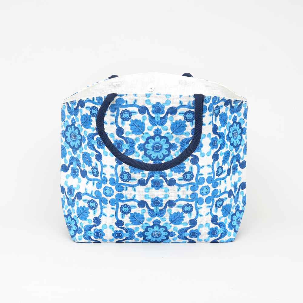 Blue Floral Print Jute Carry Bag, View 2