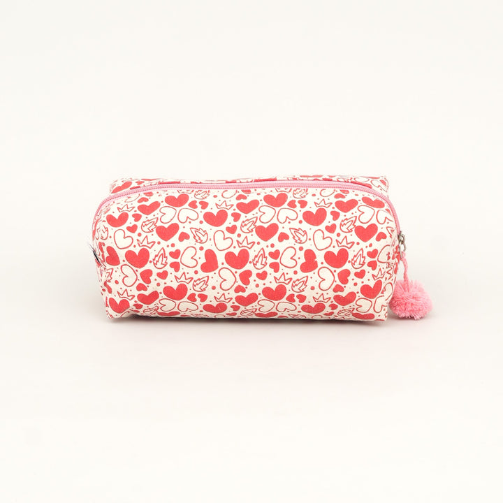 Red Heart Print Fluffy Pouch with Pom Pom
