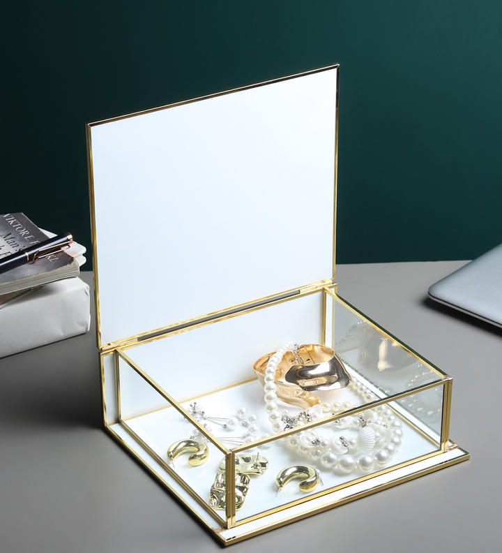 Livia's Flower White Glass Jewellery Box with Metal Frame Large view 2