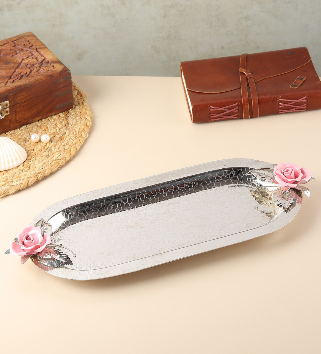 Petal Eclat Oval Stainless Steel Serving Tray Pink view 1