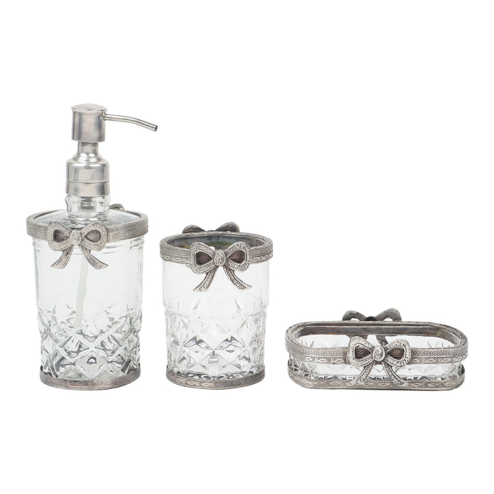 Expobazaar Bow-Tied Glass Bathroom Silver Set