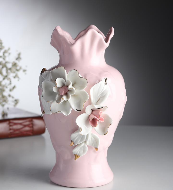 Elodie Fleur Ruffled Rim Porcelain Vase with Gold Detail Pink view 2
