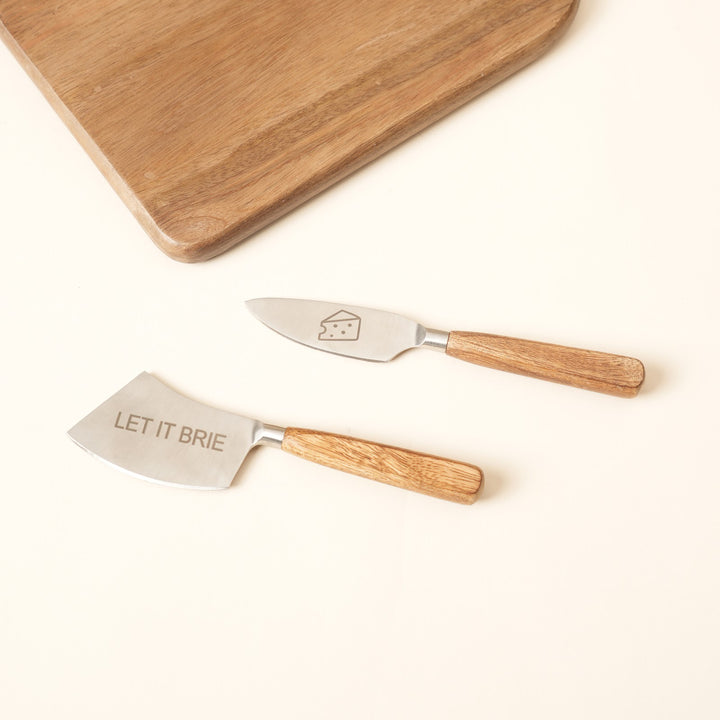 Etched steel and wood cheese knife set
