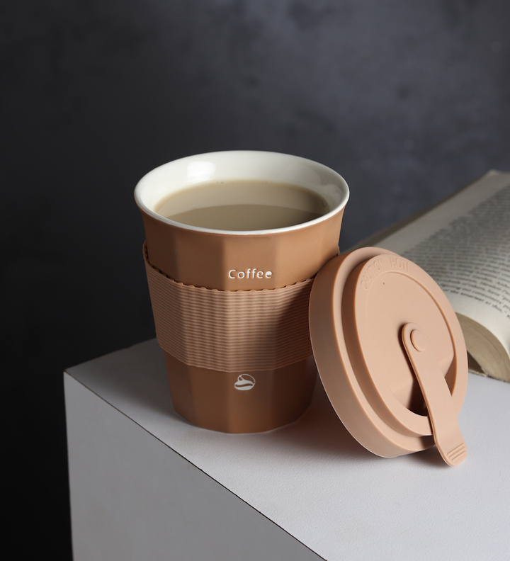 Milo Happy Ceramic Coffee Tumbler with Lid and Strap Brown view 2