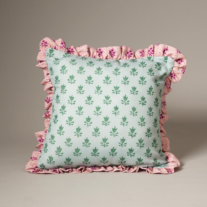 Mint Blossom Ruffle Cotton Cushion in mint and pink