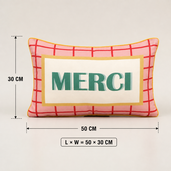 Merci Print Cotton Lumbar Cushion in orange and green print