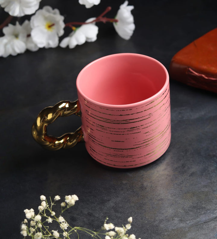 Ceramic Coffee Mug with Gold Line Art and Gold Handle Nell Pink view 1