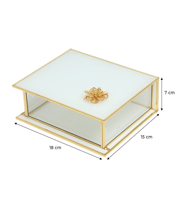 Livia's Flower White Glass Jewellery Box with Metal Frame Medium view 3