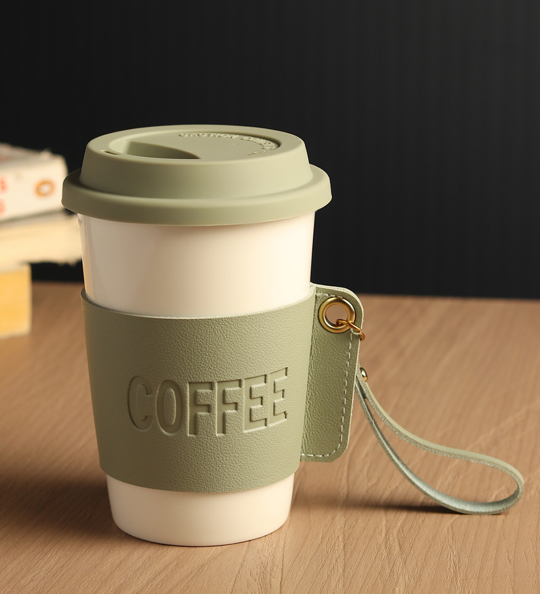 Brewster Ceramic Coffee Tumbler with Leather Wrap Green view 1