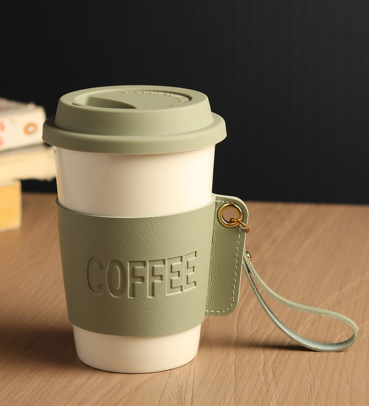 Brewster Ceramic Coffee Tumbler with Leather Wrap Green view 1