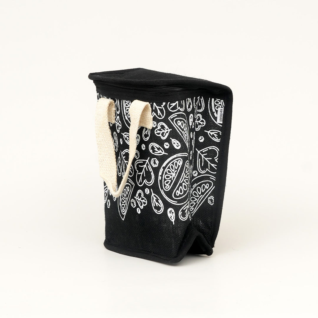 Insulated Jute Lunch Bag, Black with White Print, View 3