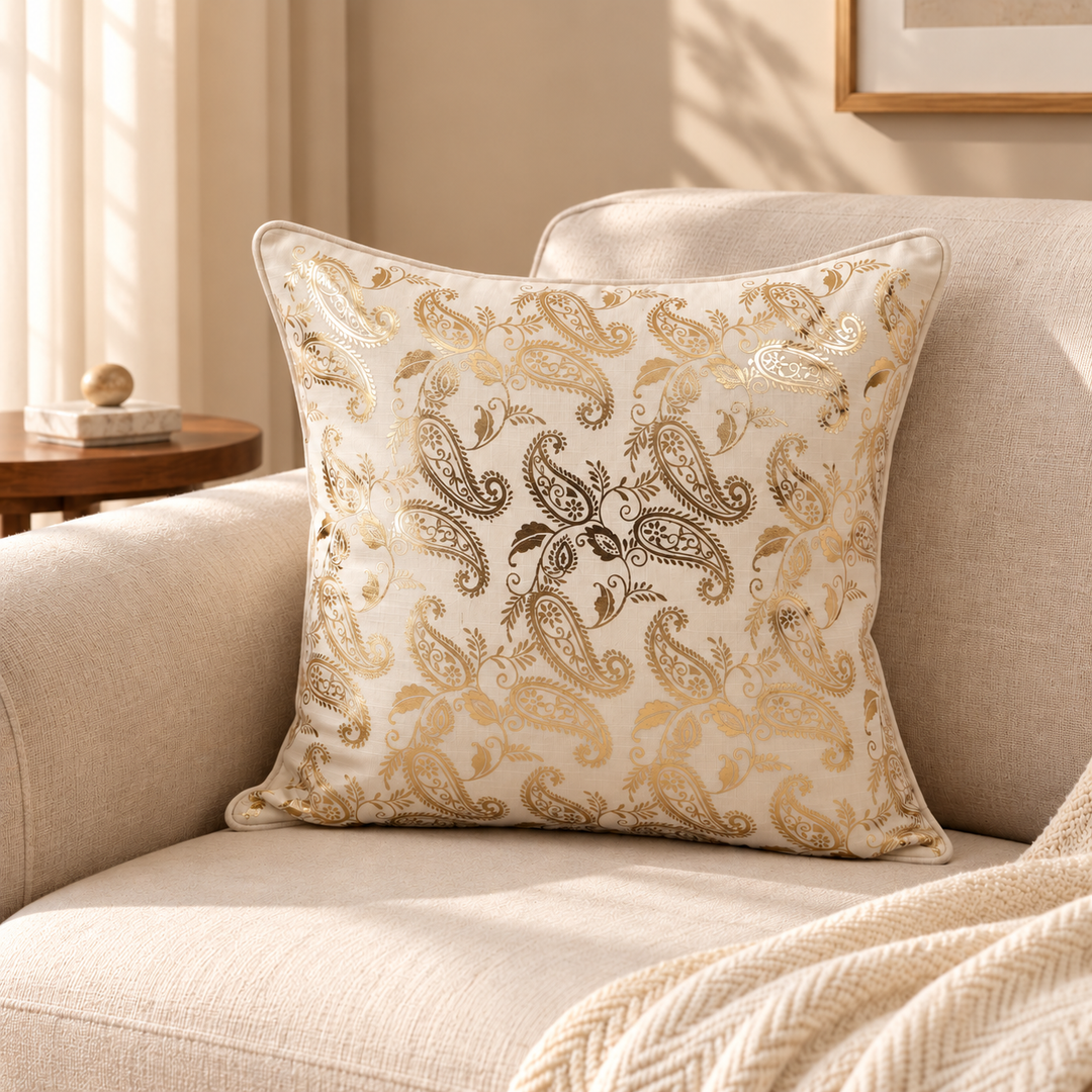 Gold Paisley Foil Print Cotton Cushion Cover, View 2