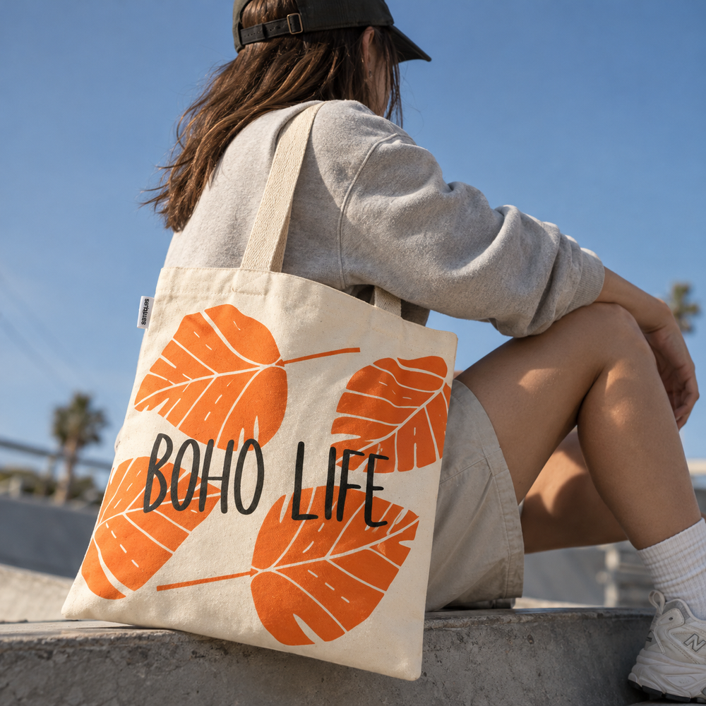 Boho Leaf Print Canvas Tote Bag, View 2