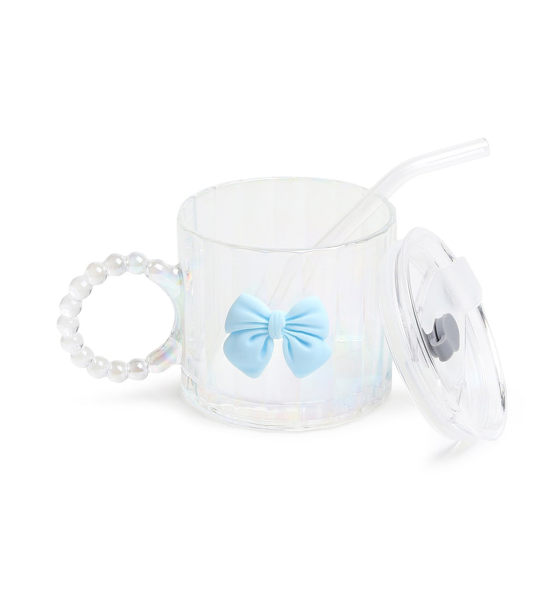 Colette Ribbed Glass Tumbler with Bow, Lid and Straw Blue view 6