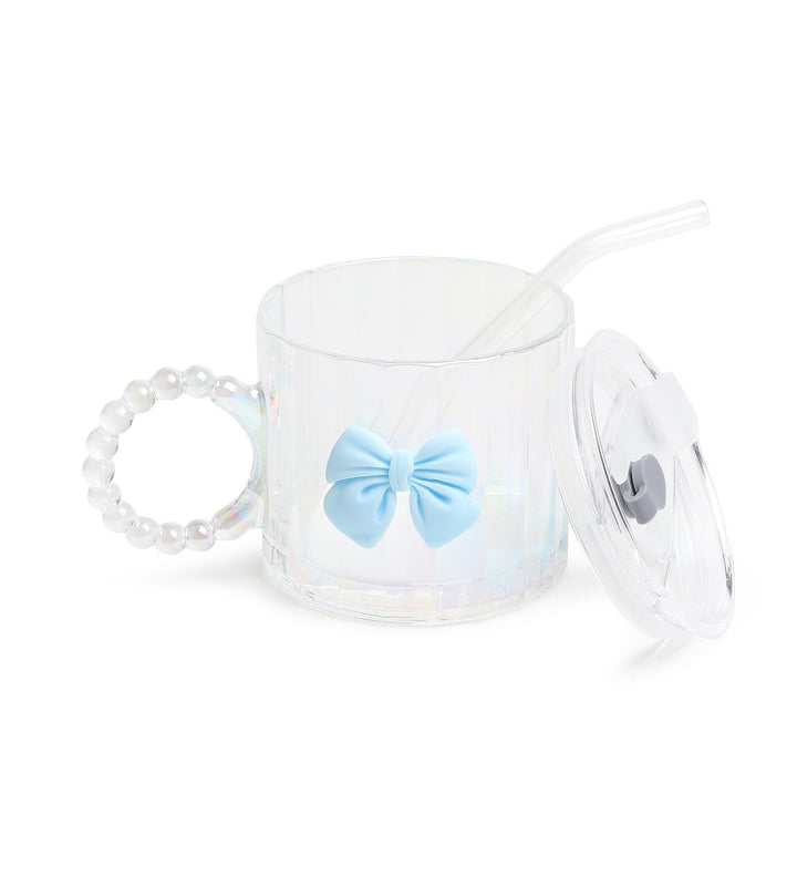 Colette Ribbed Glass Tumbler with Bow, Lid and Straw Blue view 6