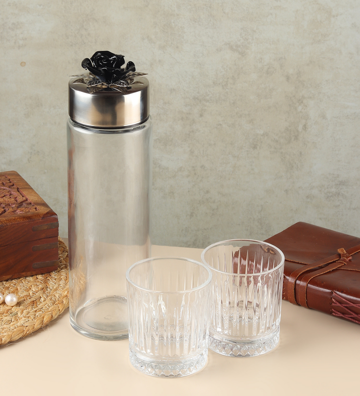 Petal Eclat Glass Water Bottle and Glass Set Black view 1