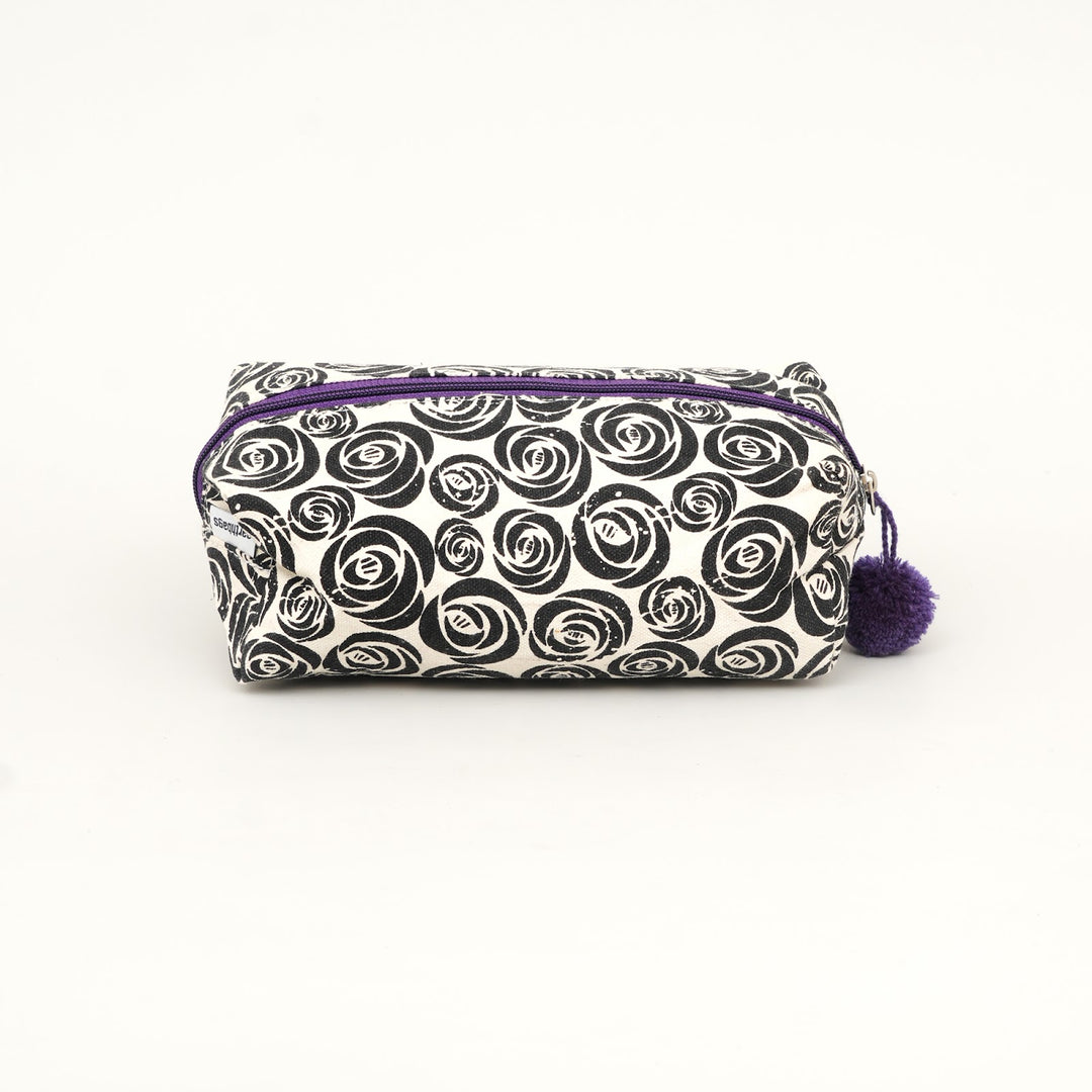 Black Swirl Print Fluffy Pouch with Pom Pom