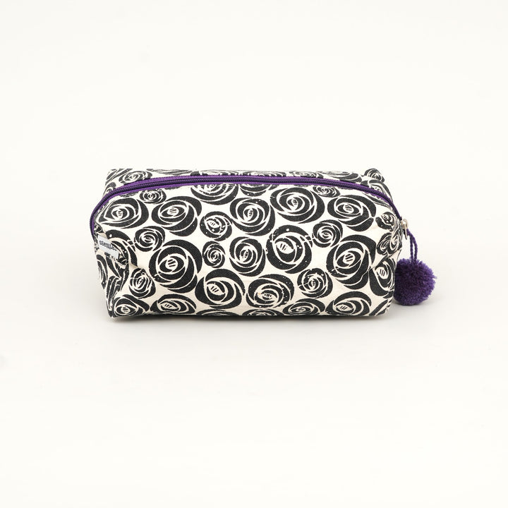 Black Swirl Print Fluffy Pouch with Pom Pom