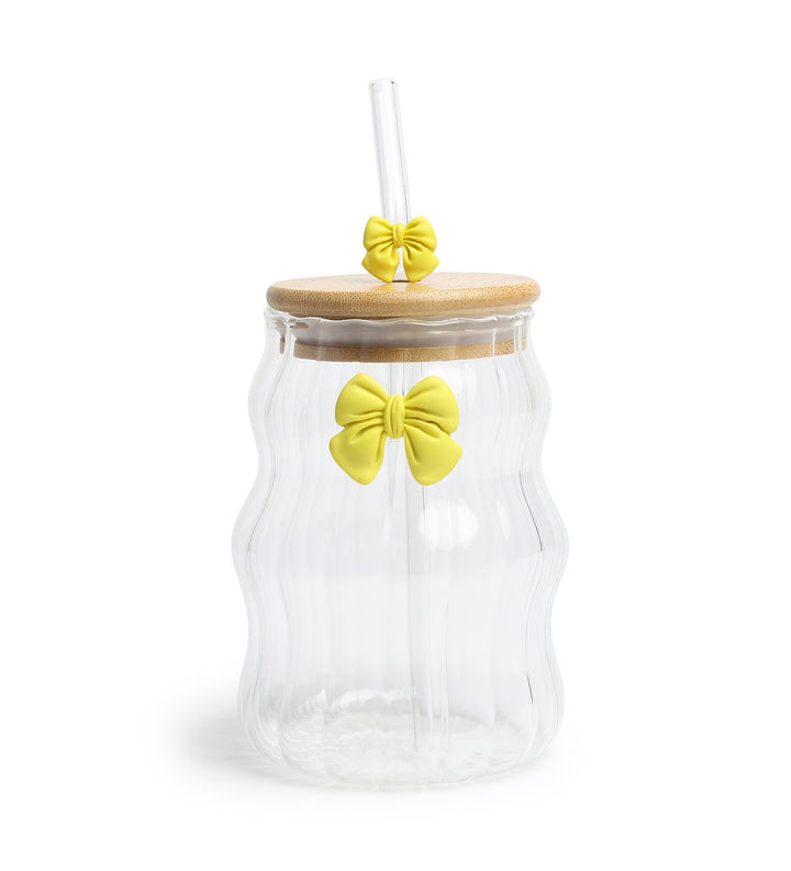 Taffy Wavy Glass Tumbler with Wooden Lid and Straw Yellow view 4