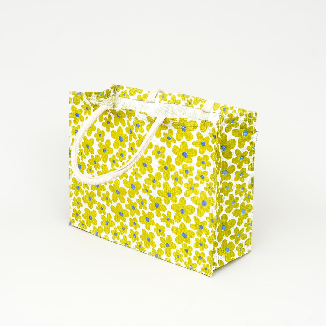 Yellow Floral Print Jute Shopping Bag, View 3