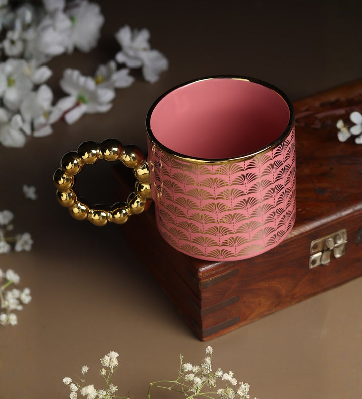 Ceramic Coffee Mug with Gold Motifs and Beaded Handle Faye Pink view 1