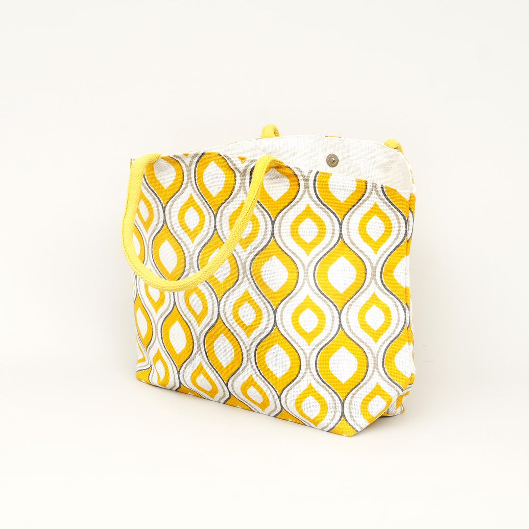 Yellow Geometric Print Jute Carry Bag, View 2
