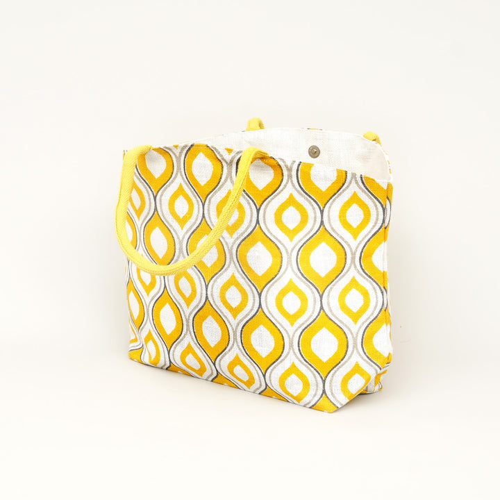 Yellow Geometric Print Jute Carry Bag, View 2
