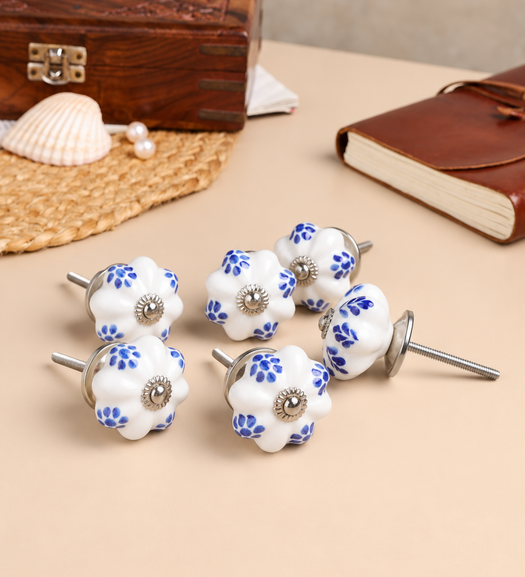 Florisca Hand Painted Blue Ceramic Cabinet Knobs Set of 6 view 1