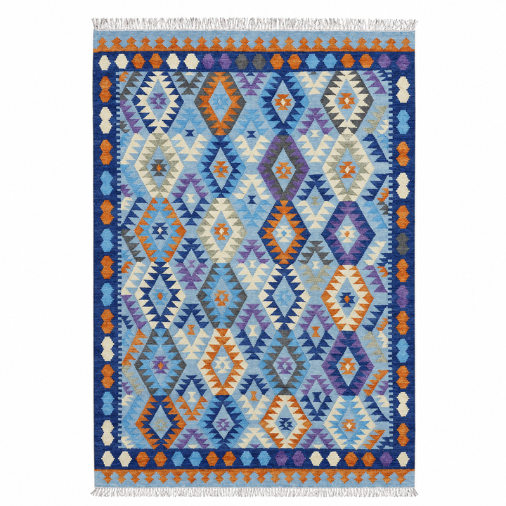 Grey Blue Diamond handwoven wool kilim rug by Expobazaar