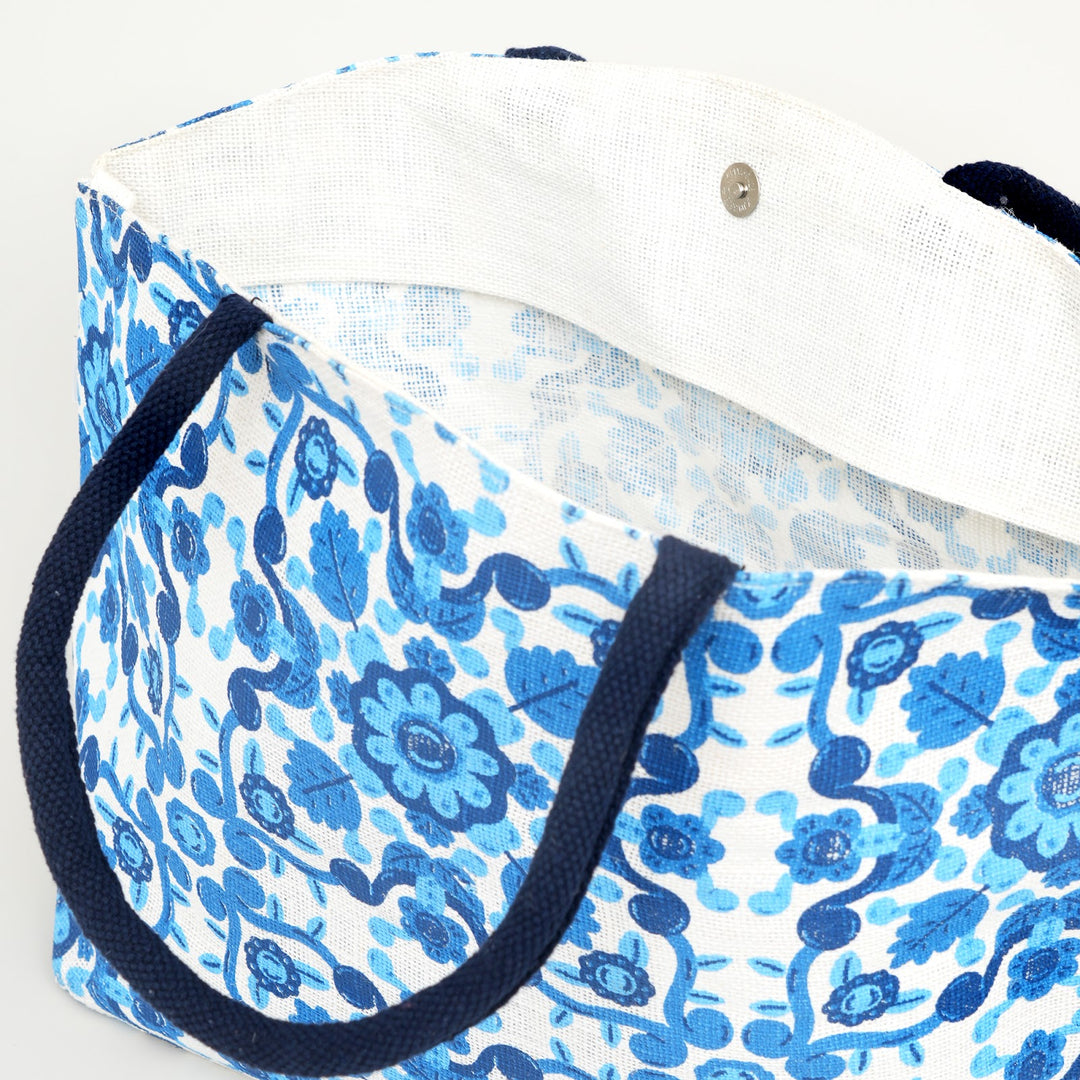 Blue Floral Print Jute Carry Bag, View 4