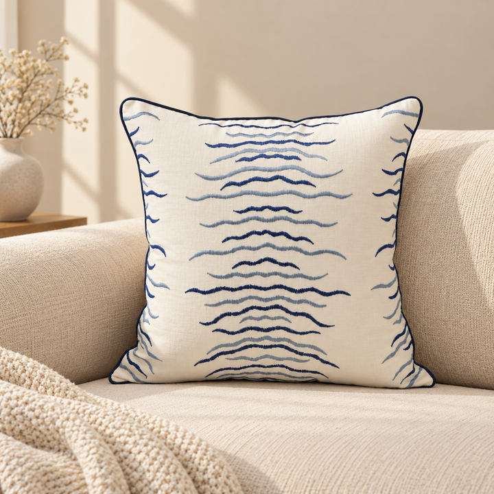 Blue Abstract Wave Embroidered Cushion Cover, View 4