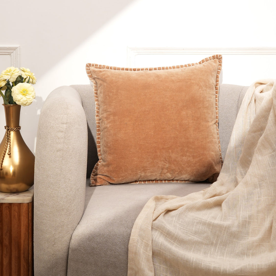 Camel Velvet Blanket Stitch Cushion, View 5
