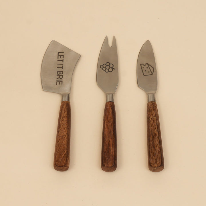 Etched steel and wood cheese knife set