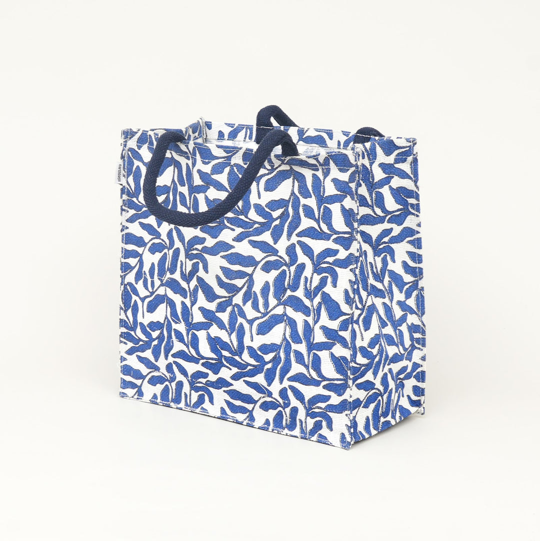 Blue Leaf Print Jute Lunch Bag, View 4