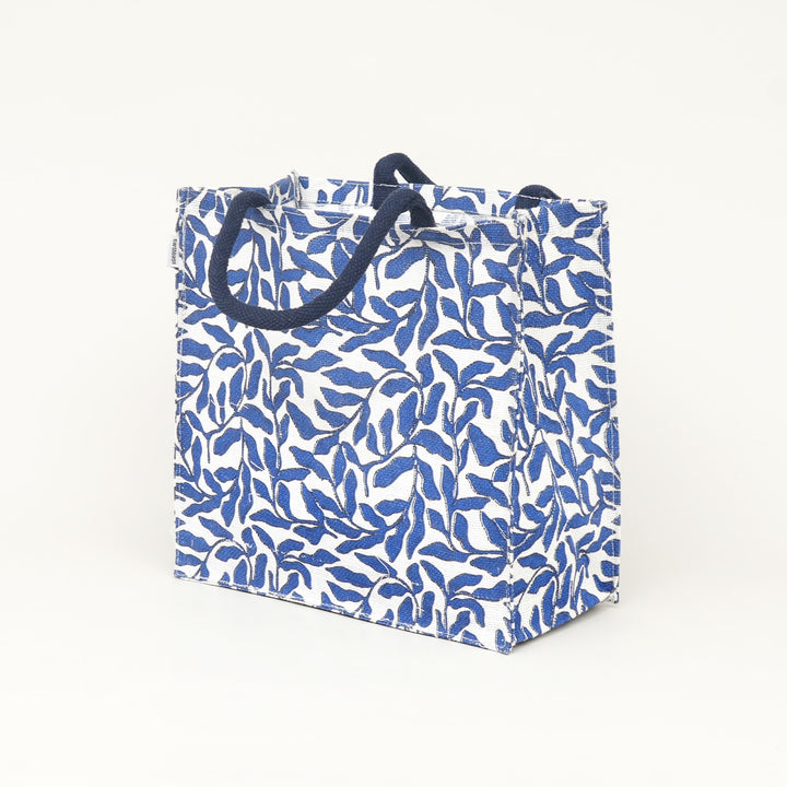 Blue Leaf Print Jute Lunch Bag, View 4