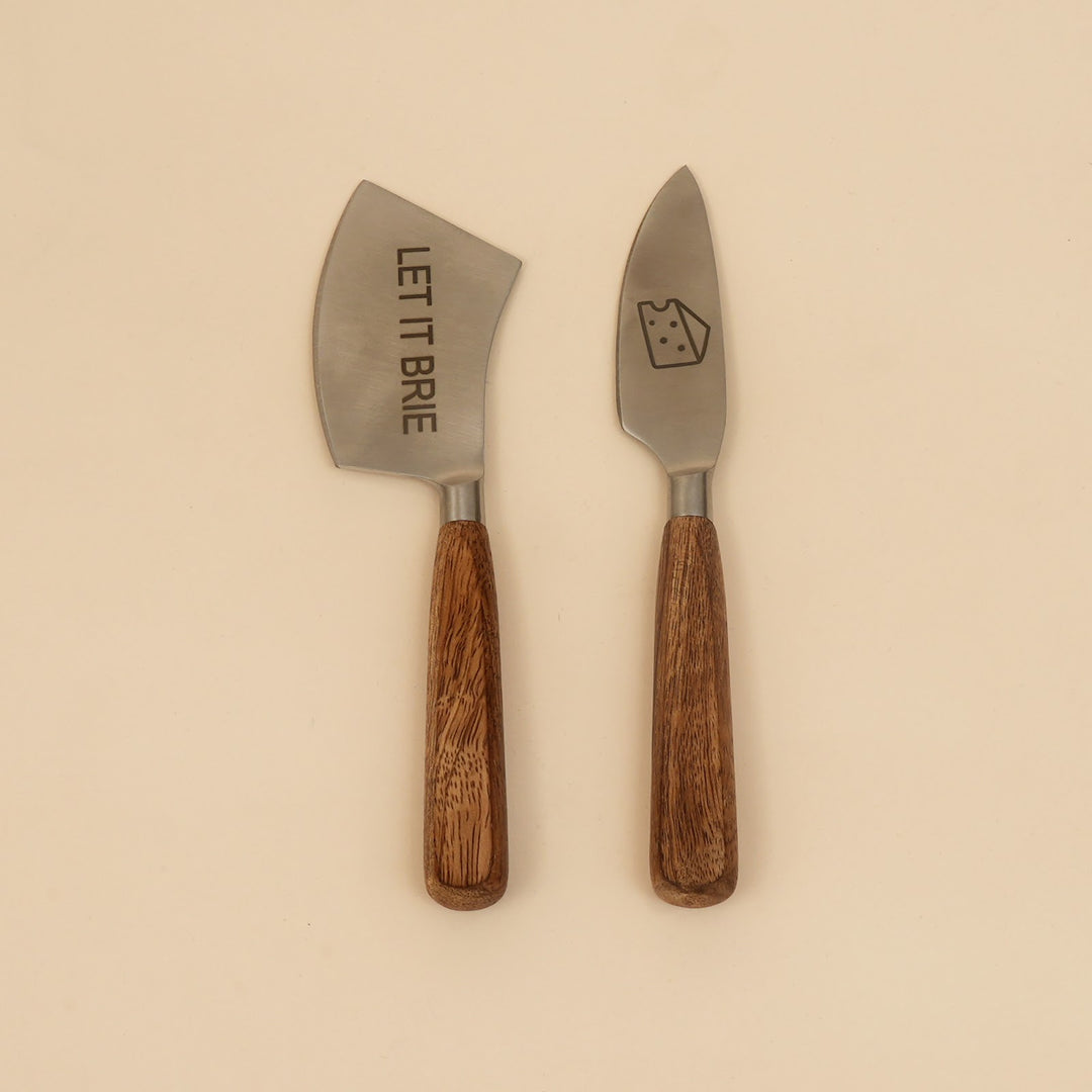 Etched steel and wood cheese knife set