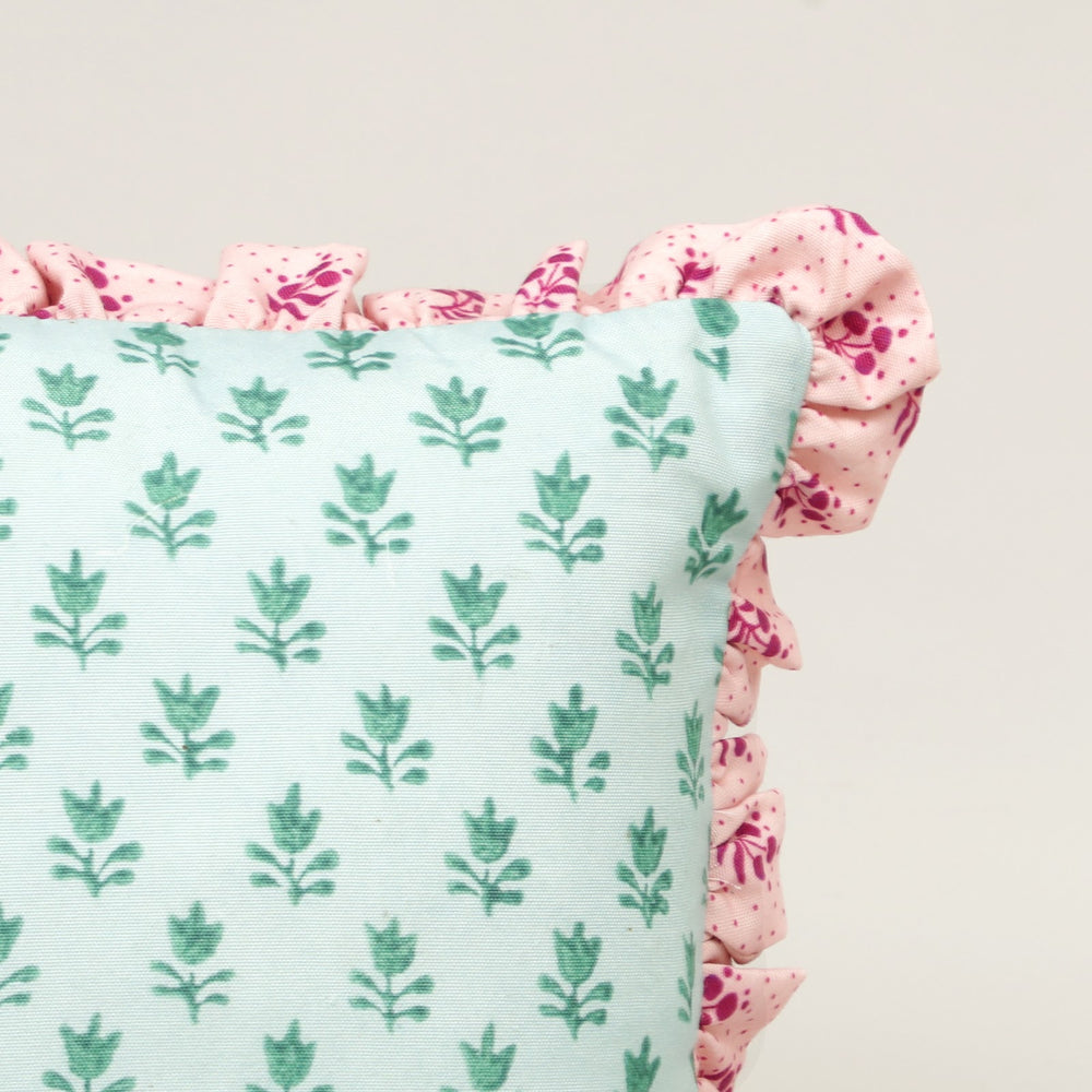 Mint Blossom Ruffle Cotton Cushion in mint and pink