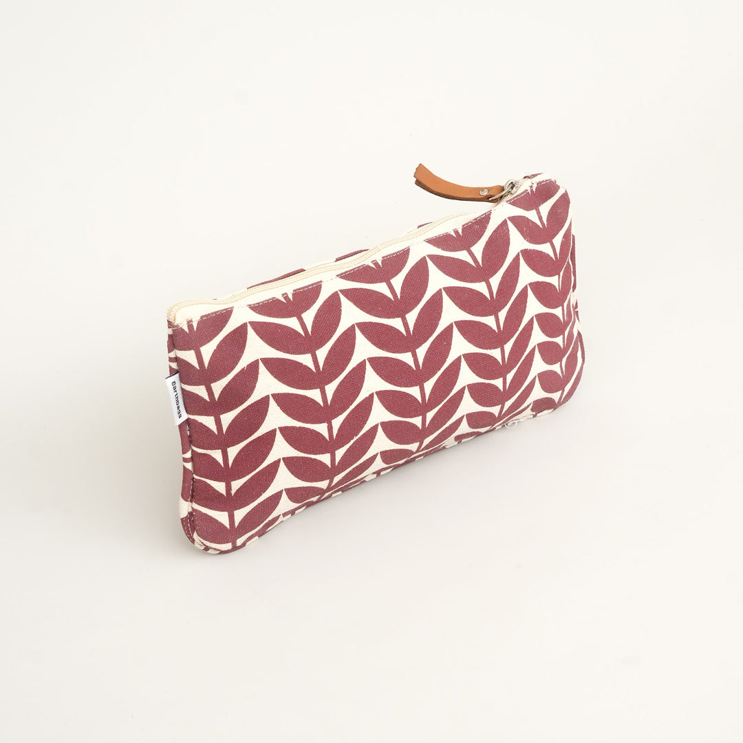 Burgundy Leaf Print Canvas Zipper Pouch, View 3