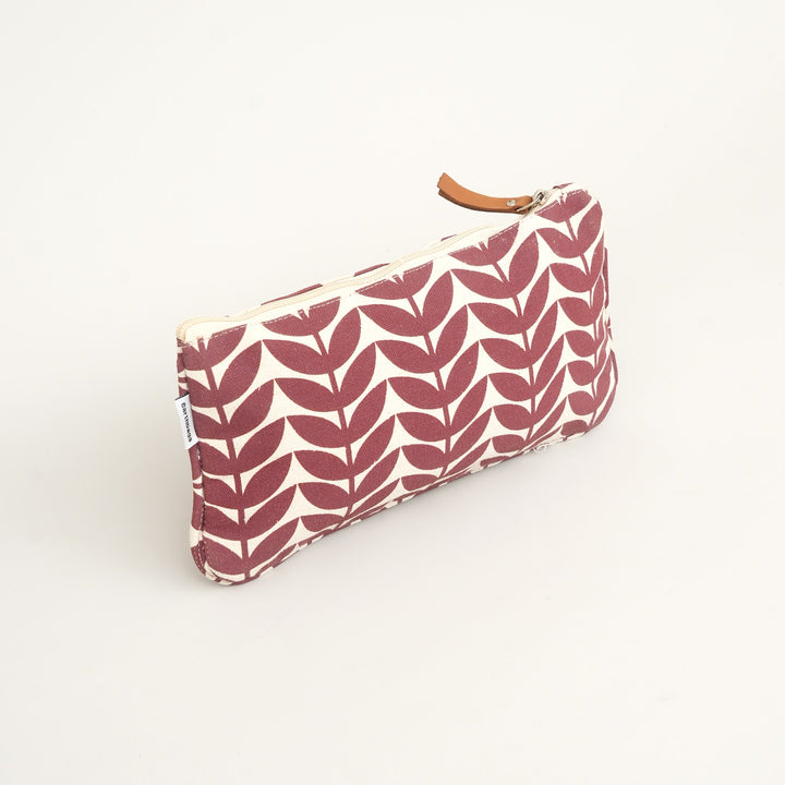 Burgundy Leaf Print Canvas Zipper Pouch, View 3