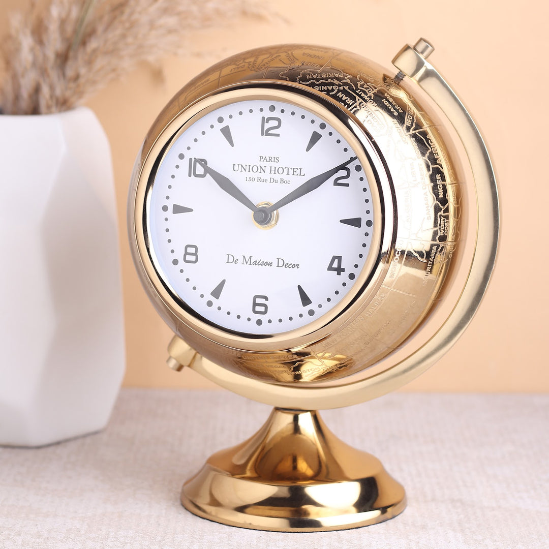 Expobazaar The Etched World Gold Aluminium Table Clock