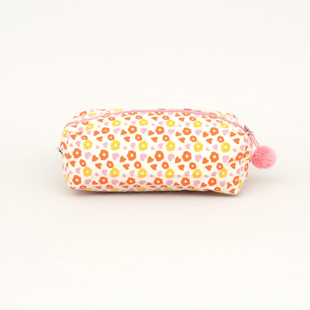 Floral Print Fluffy Pouch with Pom Pom
