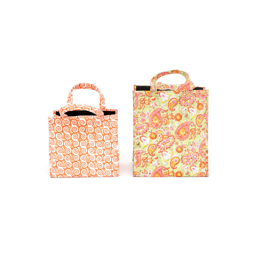 Insulated Cotton Lunch Bag Set of 2, Orange Paisley Spiral