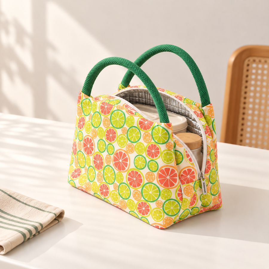 Insulated Canvas Lunch Tote, Orange and Lime, View 2