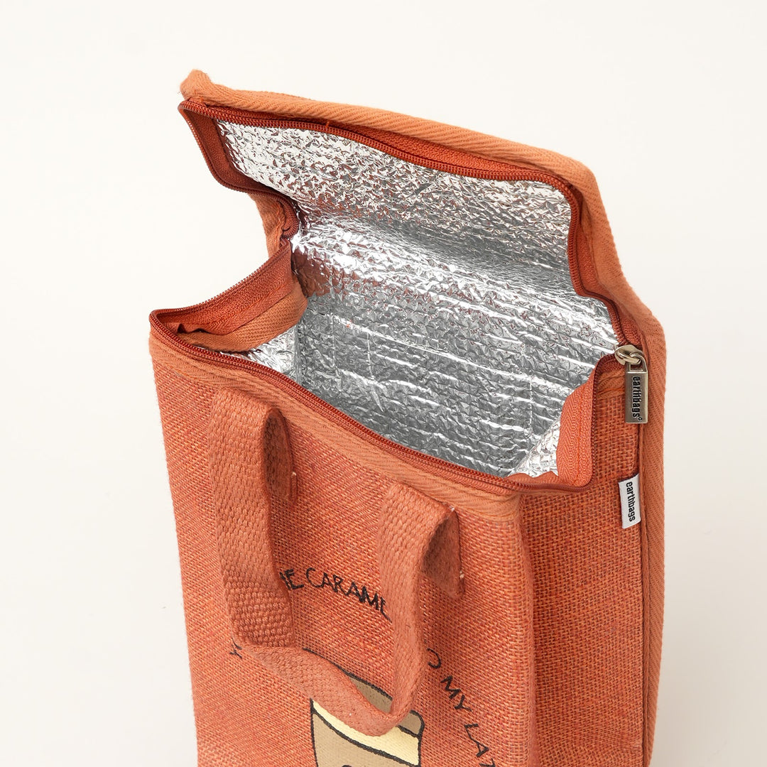 Insulated Jute Lunch Bag, Coffee Cup Print, View 2